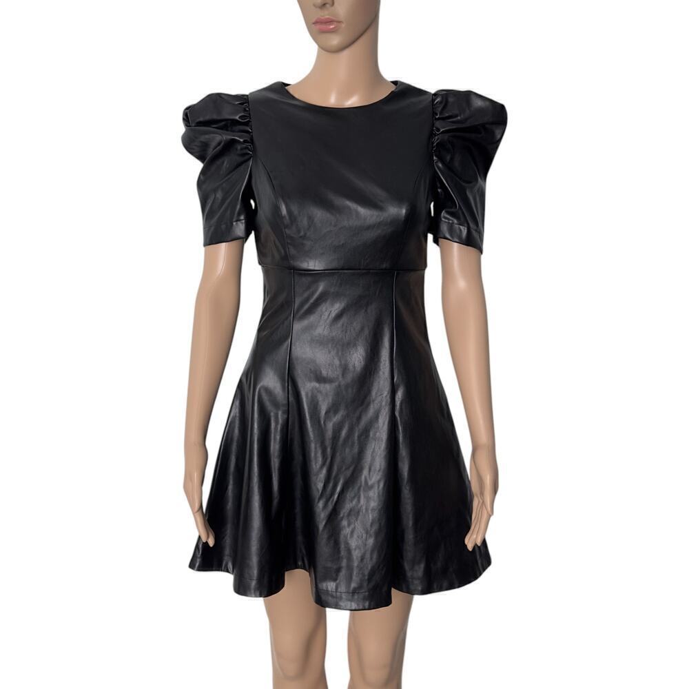 Lulu's Black Vegan Leather Puff Sleeve Fit and Flare Mini Dress (XS)